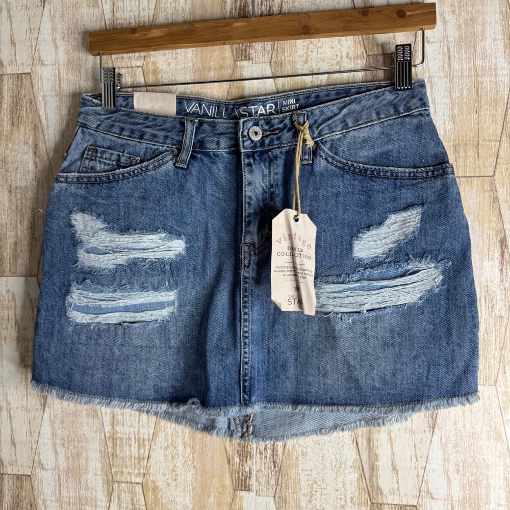 VANILLA STAR Denim Mini Skirt Ripped‎ Distressed Frayed Hem Blue Size 7